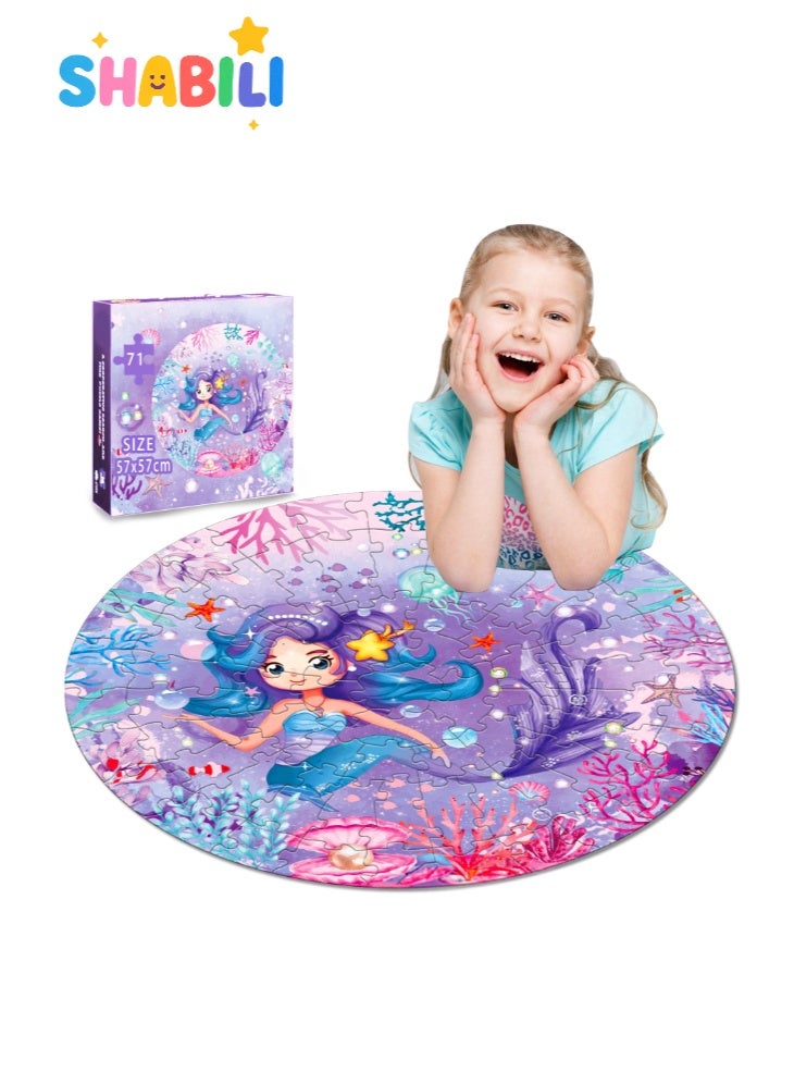 Round Mermaid Ocean Floor Puzzle for Kids, 71-Piece Large Jigsaw with Fantasy Underwater World & 1:1 Poster, Thick Cardboard Big Pieces for Ages 3–8, Educational Preschool Learning Toy for Family Game & Screen-Free Play